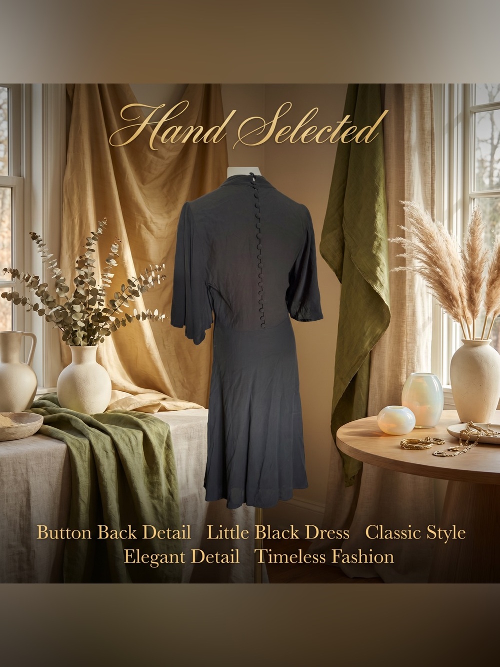 Free People Black Mock Neck Mini Dress Fabric Buttons Bell Sleeve Ruched Bust 8